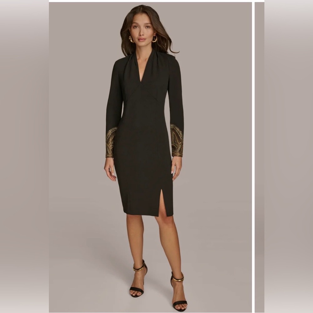 Donna Karan Black Long Sleeve Sheath Dress with Gold Accent Cuffs